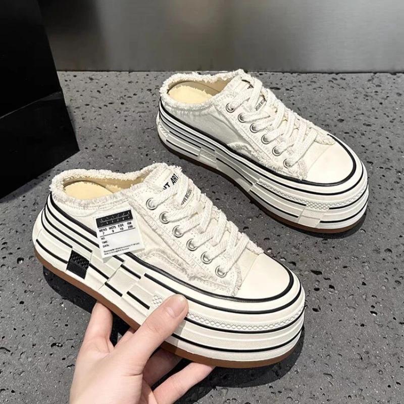 Women's Slippers Canvas Platform Sole Lace-up Decoration Round Toe Women's Mules Leisure Dress One Kick 2025 Zapatillas De Mujer