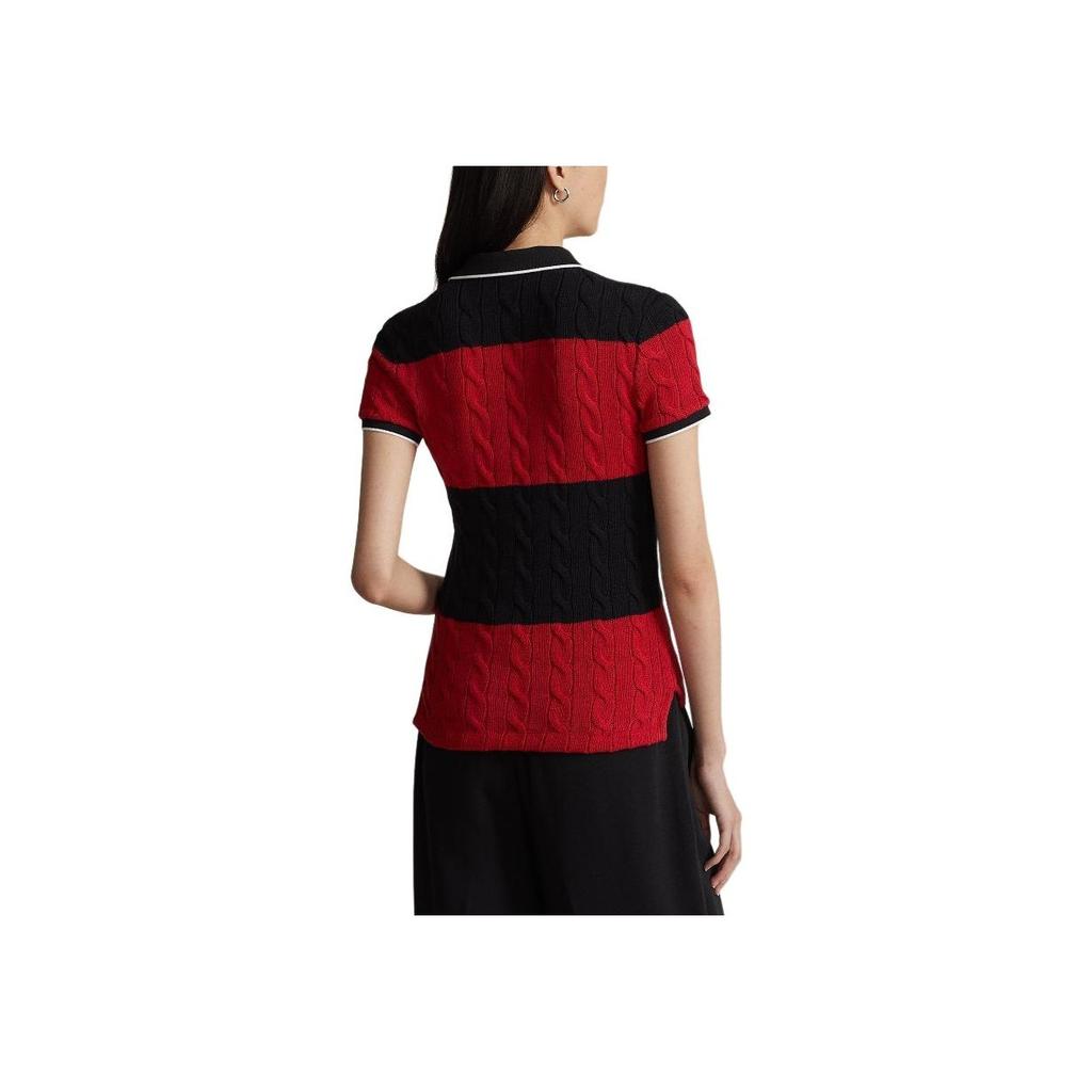 Polo Ralph Lauren SS24 Color Block Striped Cable Knit Logo Embroidered Slim Fit Short Sleeve Polo Shirt Women Tops Black WMPOKNINCU20898-001