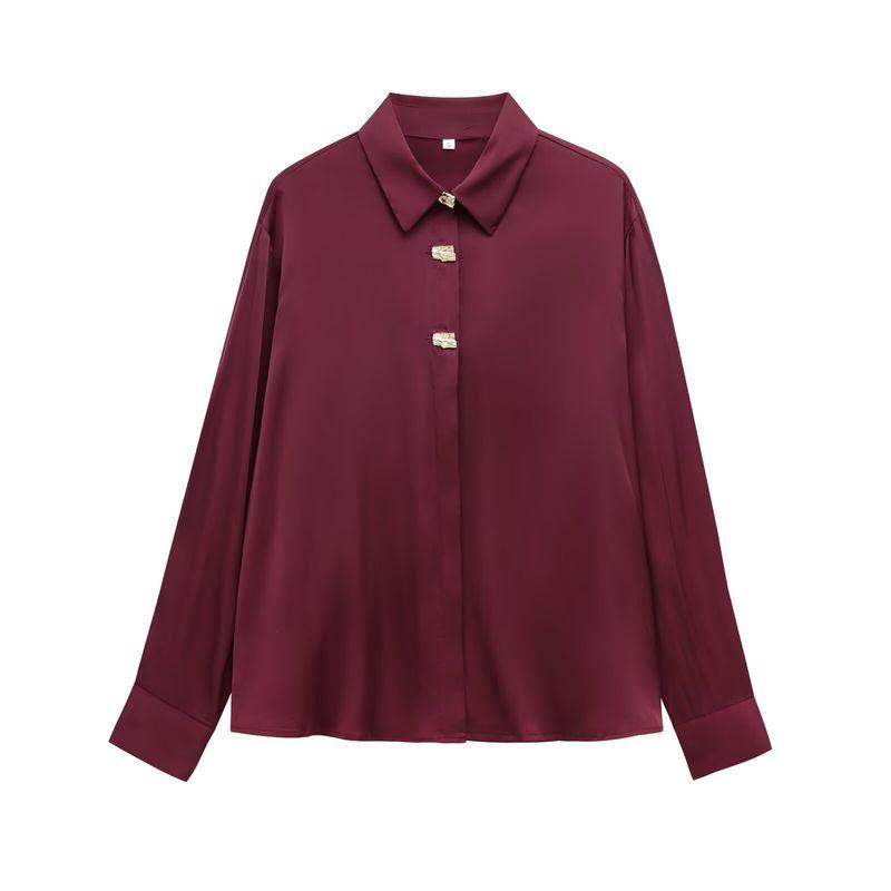 Zab Autumn New Women's Clothing Fashion Style French Gold Decorated Row Button Silk Satin Textured Shirt 2138748