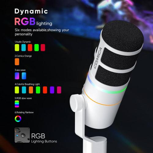 COMICA EJoy D10 (White) Dynamic Gaming Microphone with USB/XLR Digital and Analog Dual Output, Unidirectional, Boom Arm, RGB Lighting, Noise Reduction