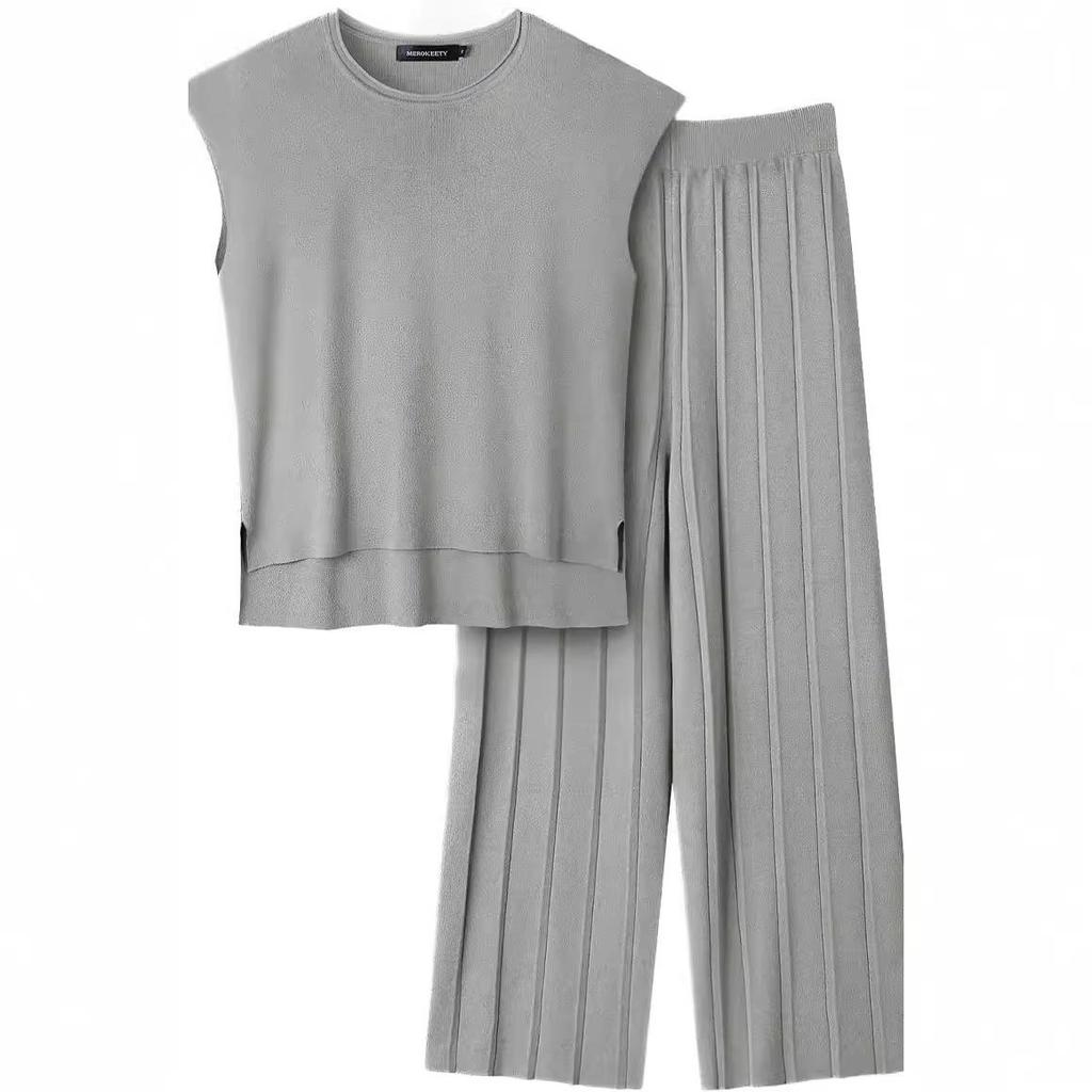 2026 Solid Color Knit Set: Sleeveless Top & Wide-Leg Crop Pants, Slim Fit, Round Neck