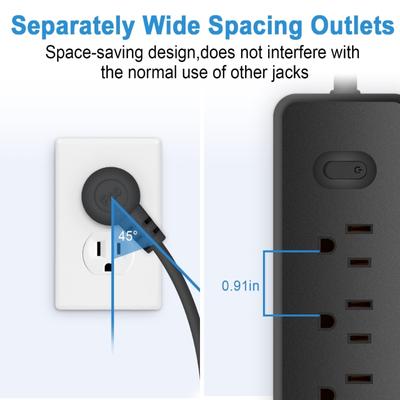 Power Strip, Surge Protector with 5pcs Wide-spaced Outlets & 3x USB Ports for Phone Tablet Laptop Multiple Devices