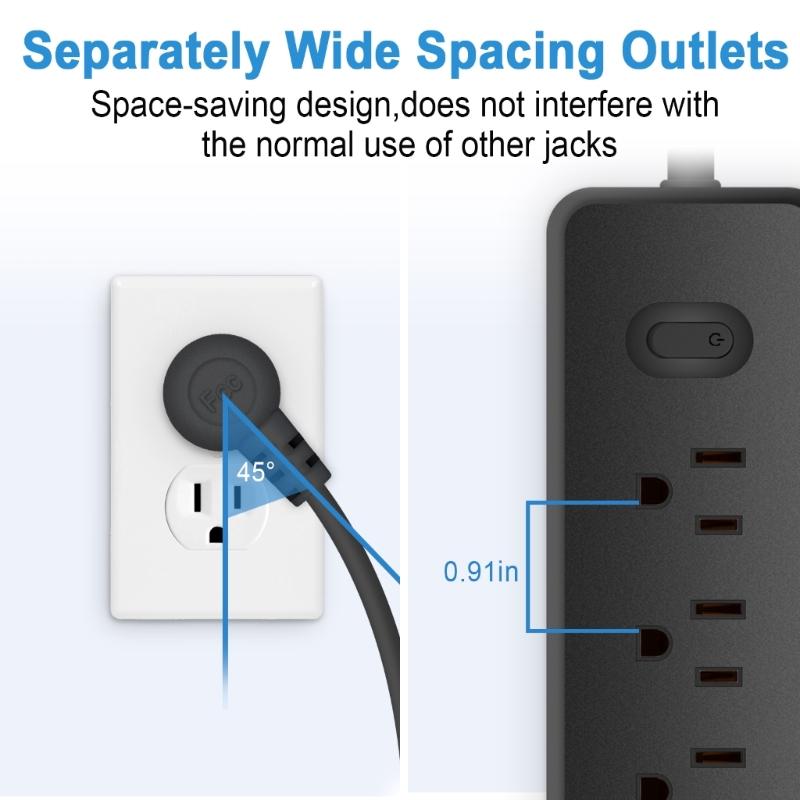 8 in 1 Power Strip Surge Protector US Plug Wall Outlet Adapter with 5pcs Widely-Spaced AC-Outlets & 3x USB Ports