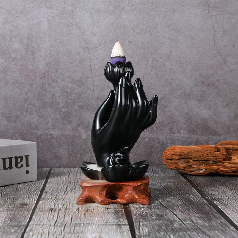 Buddha Hand Lotus Rückfluss Räuchergefäß, Wasserfall Räuchergefäß, Rückfluss Räuchergefäß handgefertigt Harz Wasserfall Räucherhalter