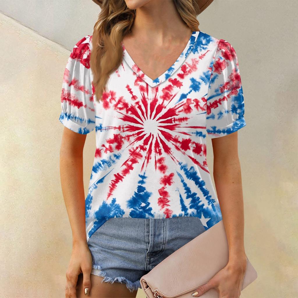 Women's Fashion Independence Day Print Top Puff Short Sleeve V-neck T-shirt Loose Casual T-shirt
