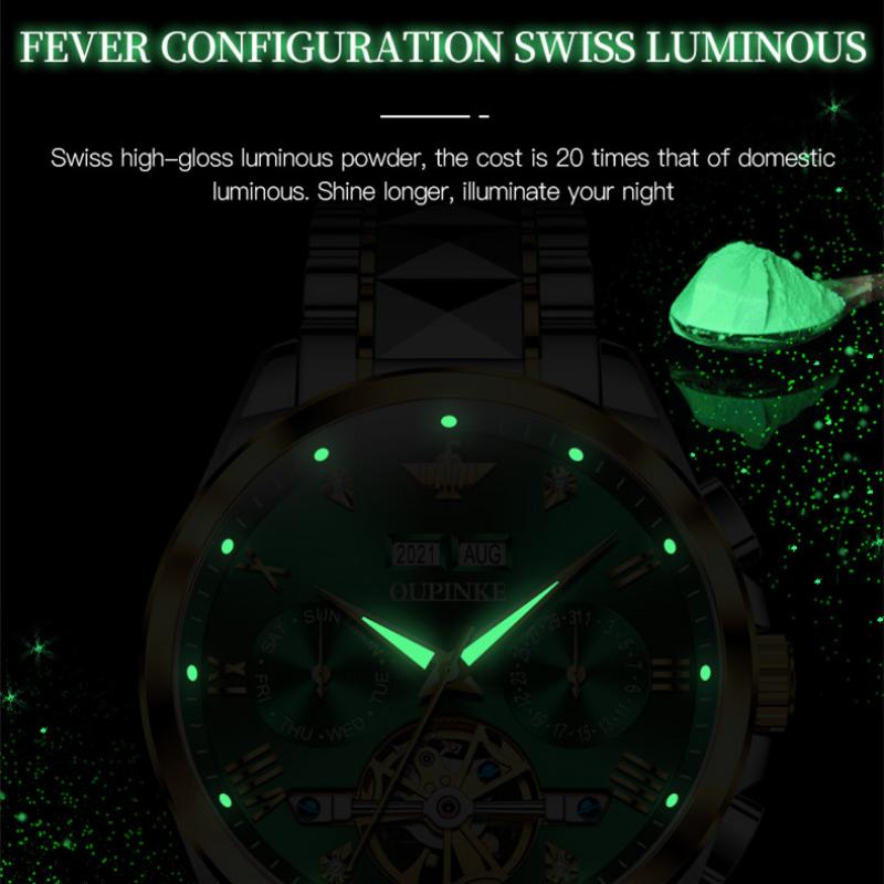 OUPINKE Nouvelle montre mécanique pour homme d'affaires et de loisirs Green Water Ghost Montre mécanique multifonctionnelle Montre d'affaires haut de gamme