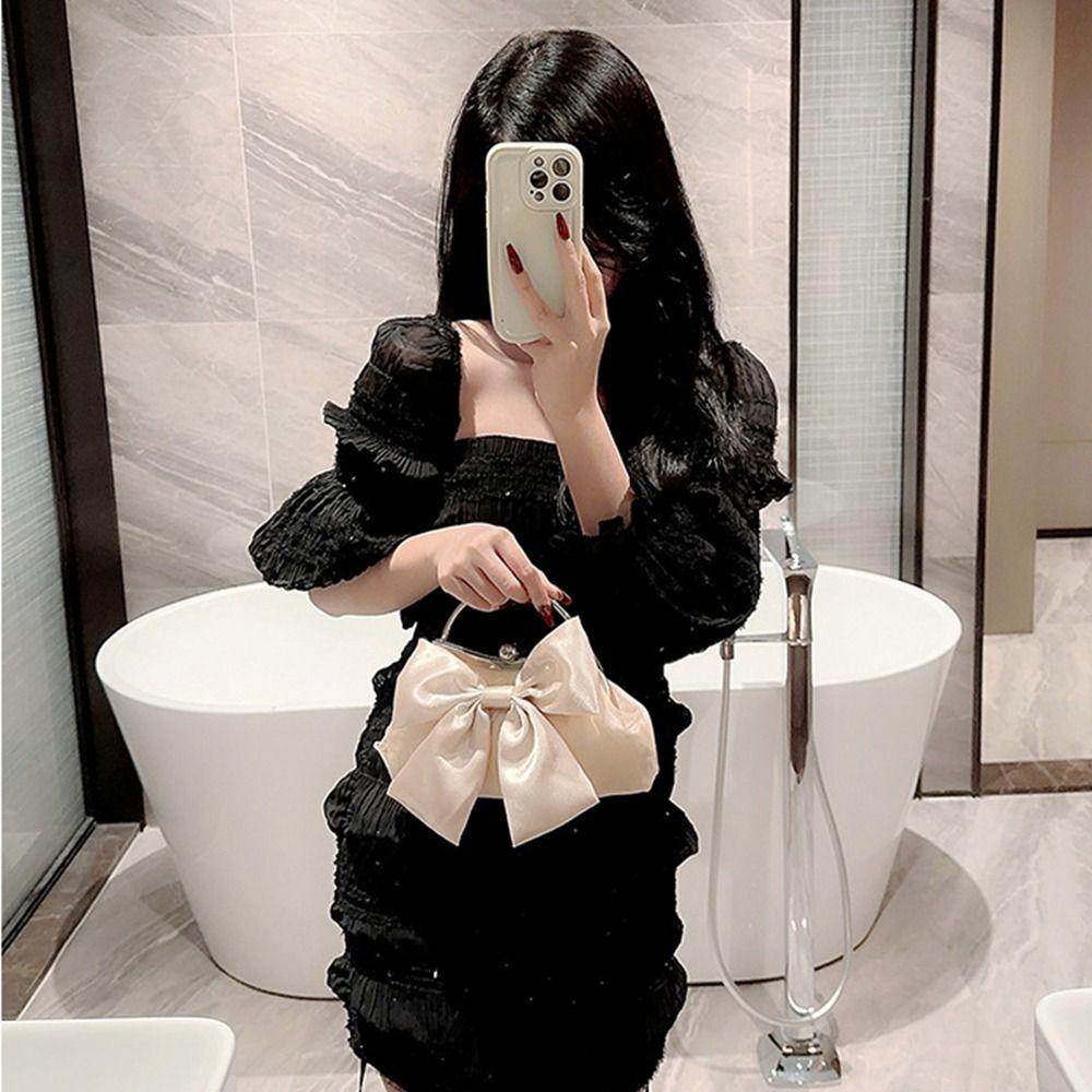 Luxury Gold Bright Silk Bowknot Evening Bag Chain Banquet Clutch Handbags Women Female