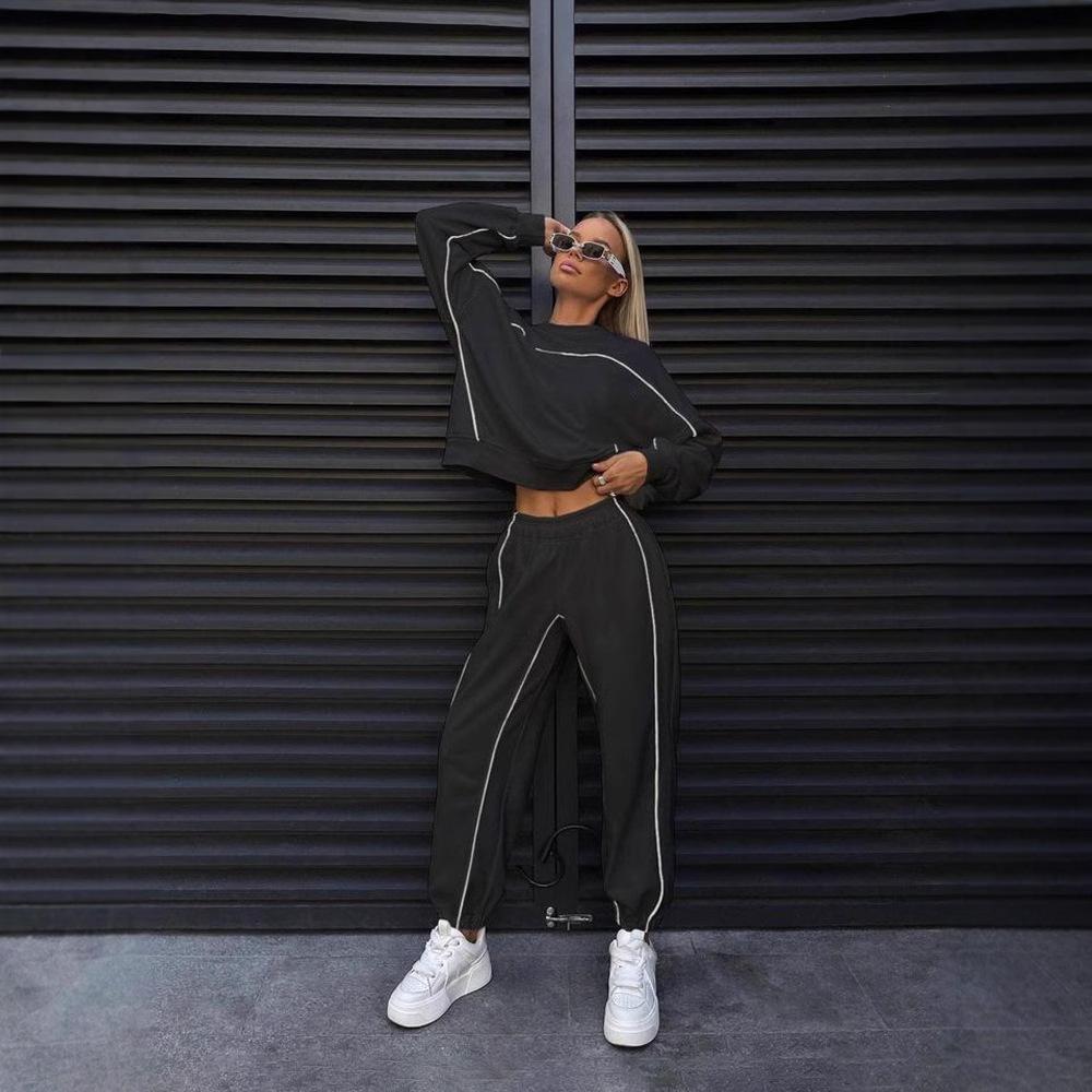 Damen Streetwear Mode Langarm Gestreifter Hoodie Hose Set Lässiges Zweiteiliges Lounge Outfit