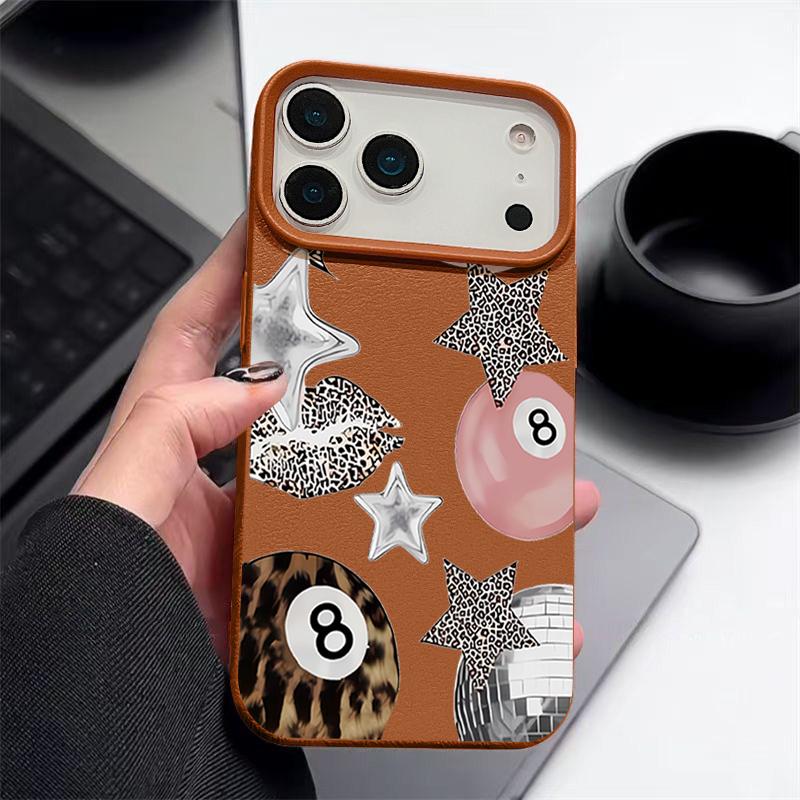 Vintage Leopard Print Stars Billiards Case For iPhone 17 Pro Max iPhone 16 Pro Max 15 14 13 12 11 16E Air Luxury Leather Texture Silicone Cover