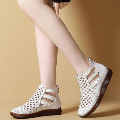 Damesschoenen Zomer Dames Enkellaarsjes Echt Leer Rits Casual Uitsparing Ademende Laarzen Dames Platte Zachte Antislip Sandalen