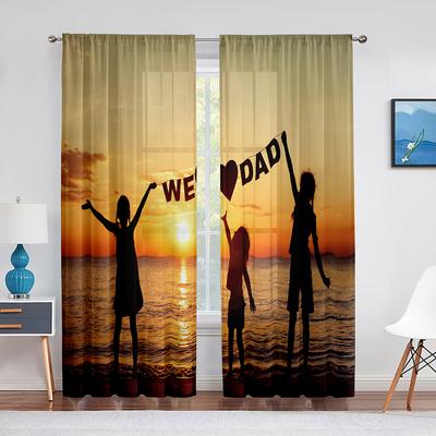 Buona Festa del Papà Tenda in Voile Trasparente Spiaggia Oceanica Tramonto Sagome di Bambini Tende in Tulle per Finestre Decorazione Soggiorno Camera da Letto