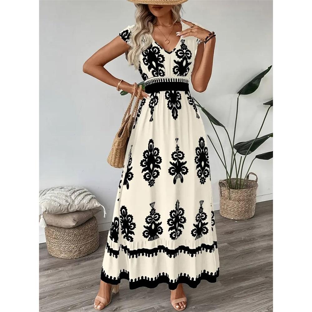 Women Summer Dress V-Neck Flying Short Sleeve Beach Dress Printing High Waist Flowy Hem Vacation Dress