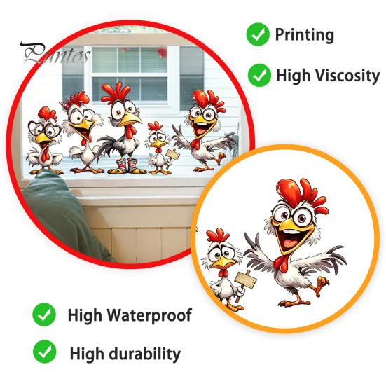 Cartoon Chicken Glass Stickers Rooster Static Sticker, Funny Roosters Window Clings, PVC Removable Outdoor Balcony Decor Decal, Waterproof Sunproof