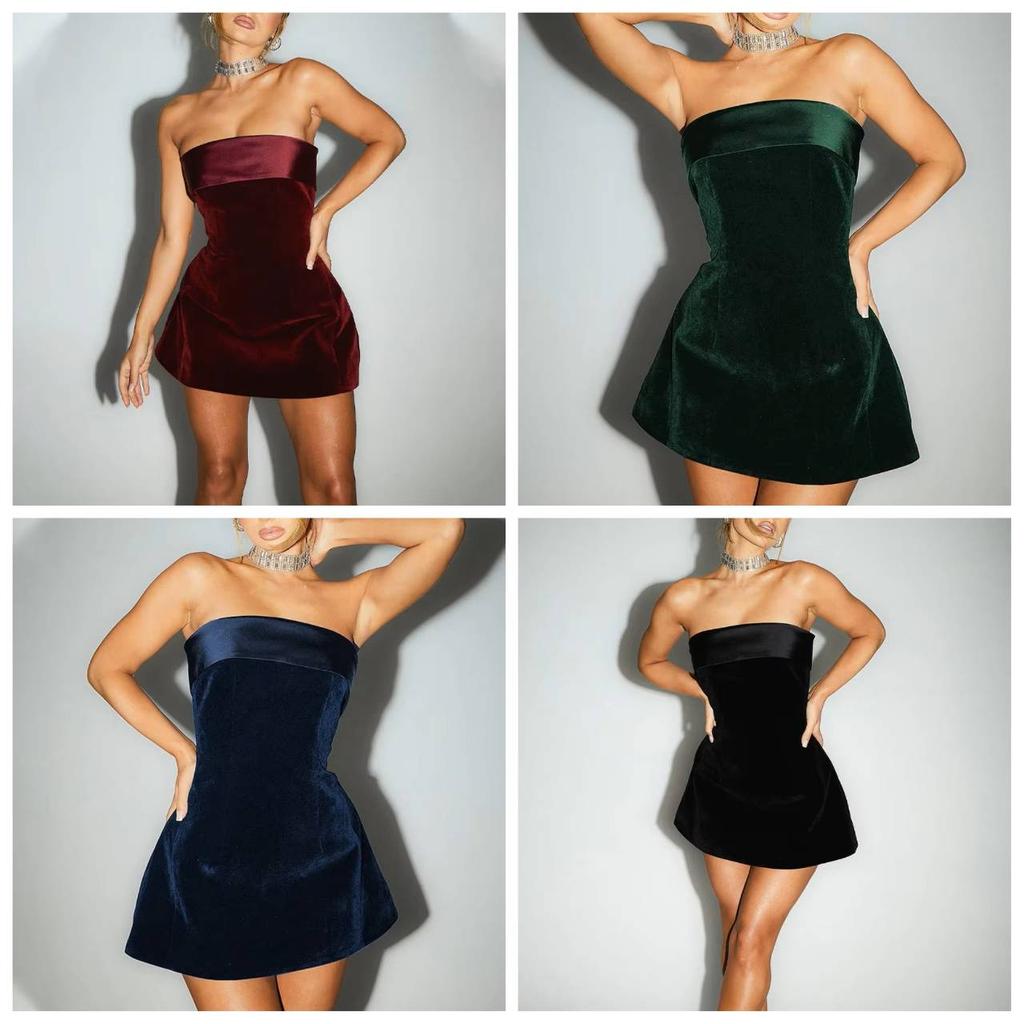 Eleganter U-Boot-Ausschnitt Sexy Rückenfrei Ärmellos Trägerlos Einfarbig Sexy A-Linien Mini-Kleid Schulterfrei Figurbetont Retro Partykleidung Clubwear Damen