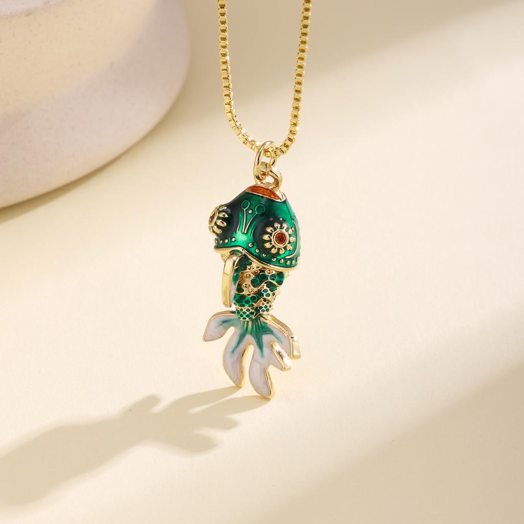 Nidin Cute Enamel Crystal Zircon Koi Fish Pendant Necklace Vintage Goldfish Chain Choker Lucky Animal Jewelry For Women Girls
