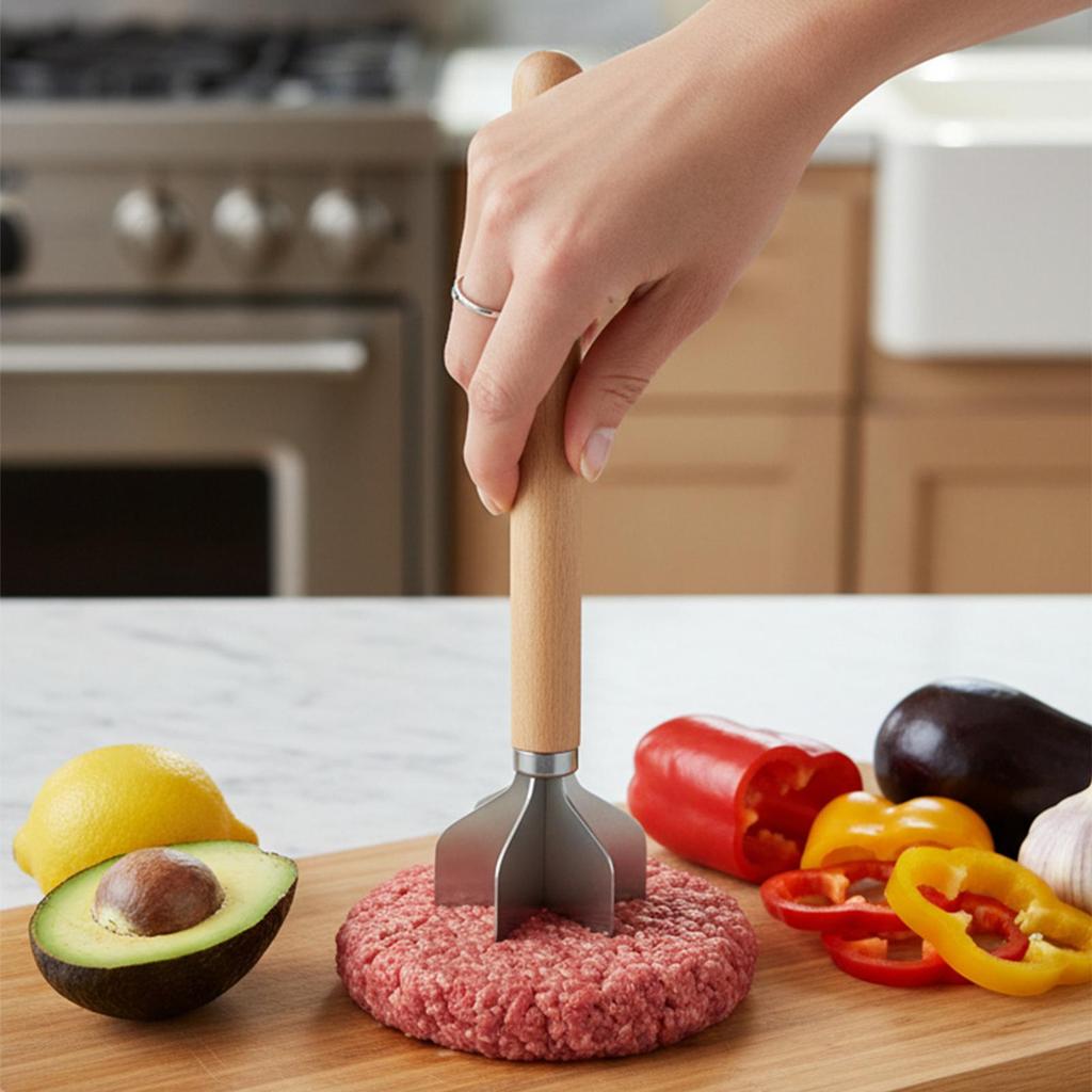 Meat Chopper with Wooden Handle & Non-Stick Coating Heavy Duty Food Masher for Potato Vegetable Beef Nut, Home Restaurant Use