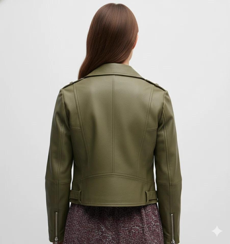 Women's Green Stylish Motorcycle Jacket Genuine Casual Real Lambskin Leather Handmade
