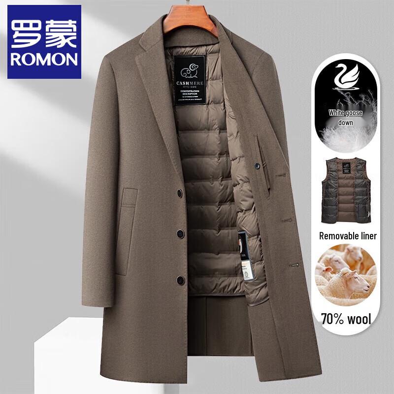 Luomeng Men's Mid-Length Wool Blend Overcoat with Detachable Down Liner