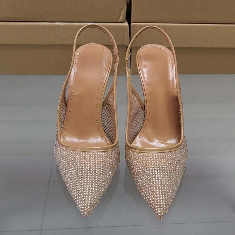 Móda 2024 Léto Dámské Sandály na Vysokém Podpatku Špičaté Pásek Přes Patu Jasné Diamanty Slingback Jehlové Podpatky Dámské Párty Svatba Boty