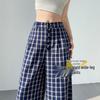Women's Blue Plaid High-Waist Wide-Leg Summer Pants: New 2026 Fashion, Casual, Floor-Length Drape Design.