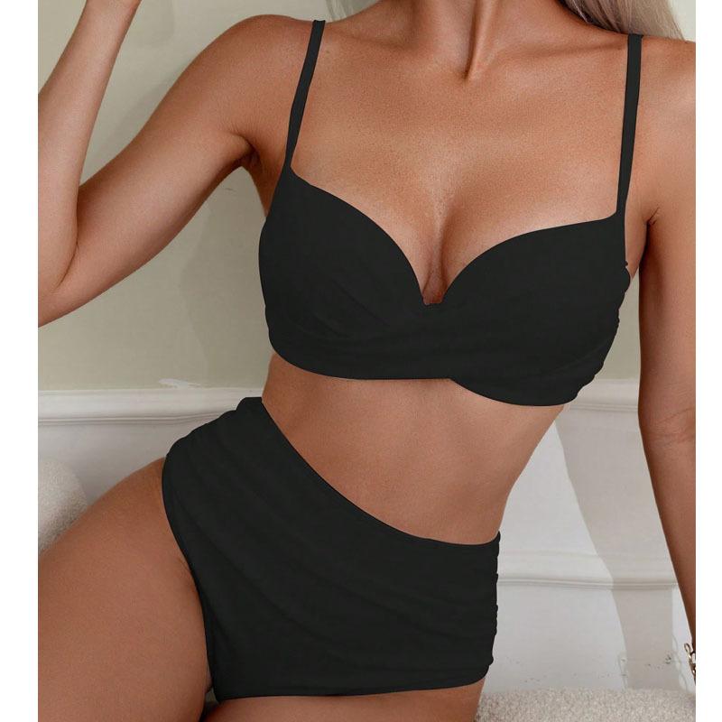 Cikini V-Ausschnitt Dünne Träger Bikini Set, Verdreht Hoher Bund Zweiteiliger Badeanzug Badebekleidung Strand Outfit Sommerurlaub