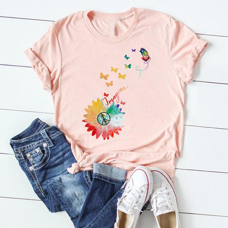 (Asian Size) Dragonfly Dandelion Plant Short Sleeve Women Print Tee Top Summer Fashion Tshirt  Lady Female Clothing Casual Graphic T-shirt