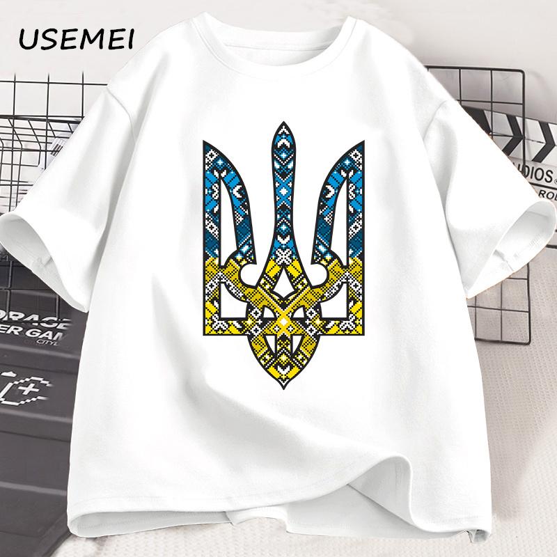 Ukraine Emblem Bedrucktes T-Shirt Herren Damen O-Ausschnitt Lässige Oberteile T-Shirts Ukrainischer Dreizack Geschenk T-Shirt Baumwolle Übergroßes T-Shirt Kleidung