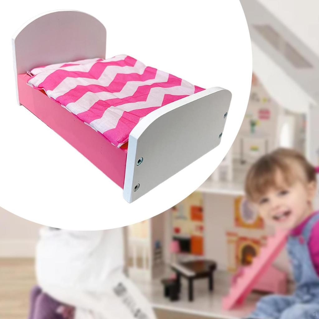 Dollhouse Miniature Bed for 1/12 BJD Dolls Photo Props Mini Simulation Wooden Furniture with Quilt,