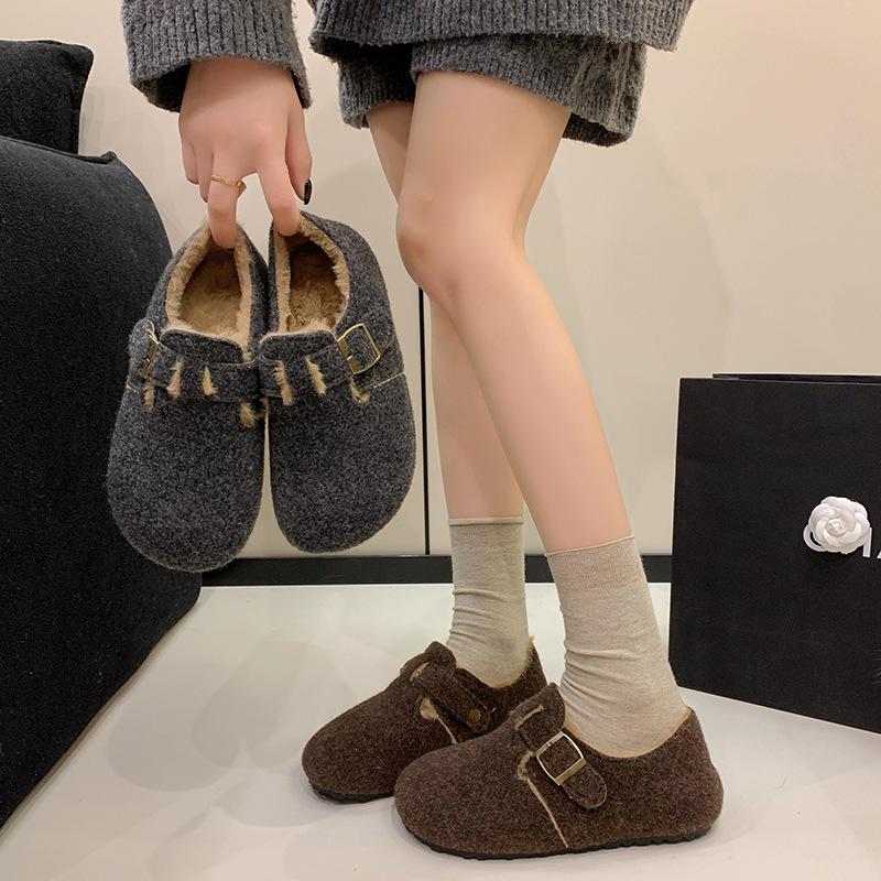 Belt Buckle Platform Boken Shoes 2025 Autumn and Winter New Casual Doudou Shoes Lazy One Pedal Velvet Cotton Shoes Women