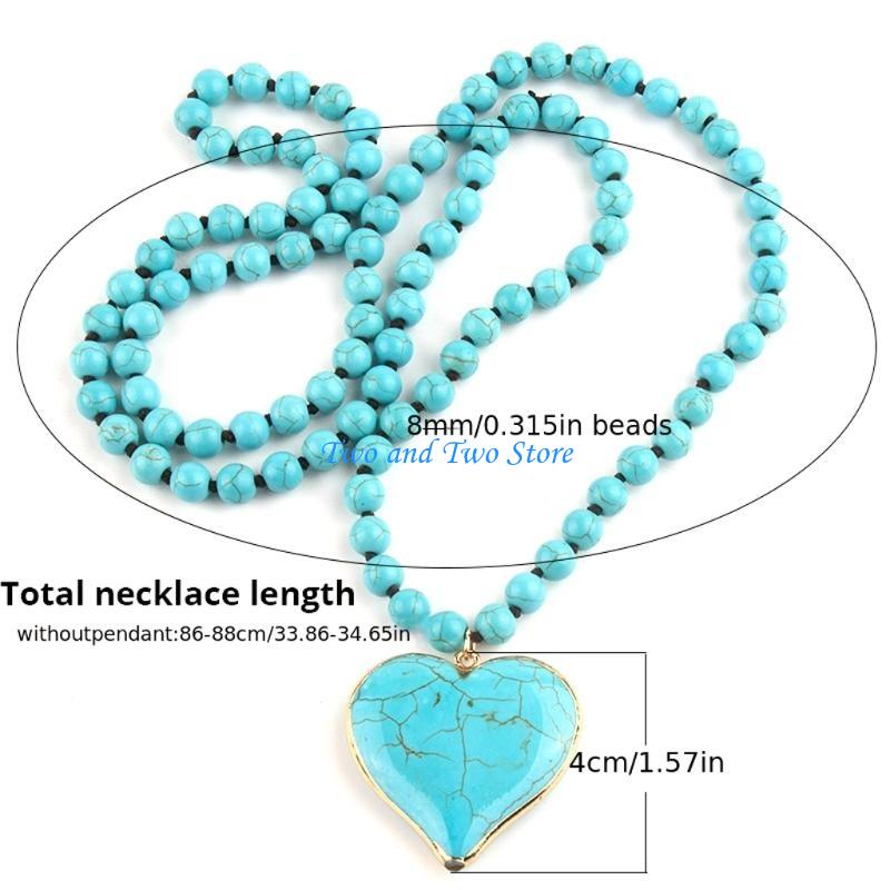 HX6F Bohemian Turquoise Heart Pendant Necklace for Women Vintage Sweater Chain