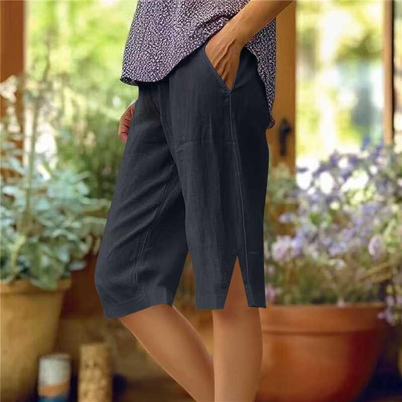 Women's Linen Blend Casual Capri Pants Elastic Waist Cropped Trousers with Side Buttons