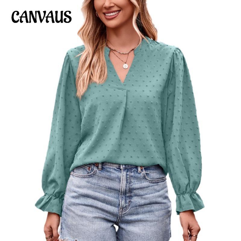 T-shirt Jacquard da Donna con Scollo a V, Maniche Lunghe Ampie e Maniche a Ombrello