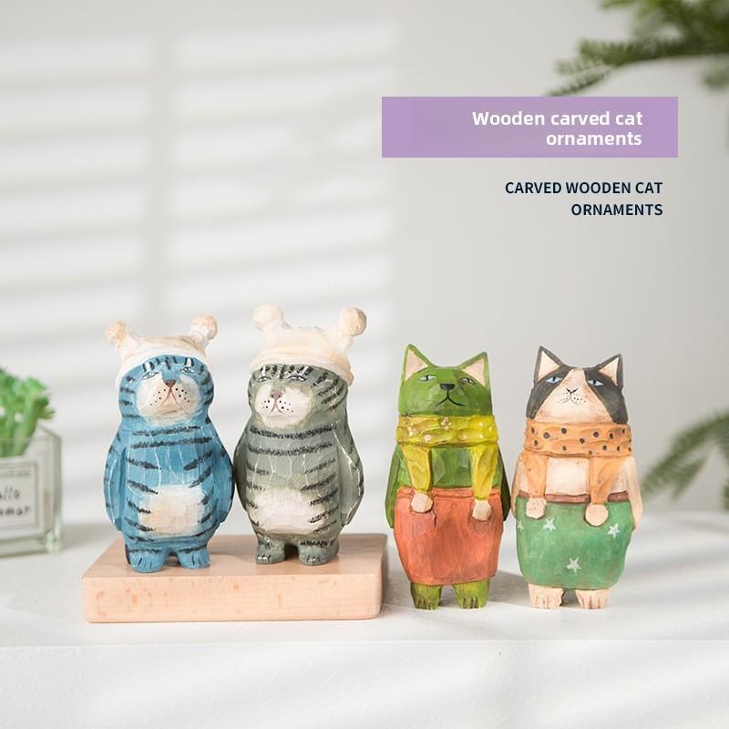 Wooden Cat Figurine Craft Gift For Home Office Decor Collectors Gift