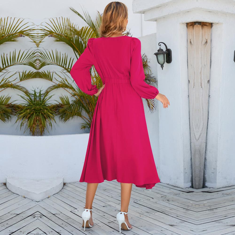 Dámské Podzim Zima O Neck Mašlička Jednobarevné Šaty S-XXL s vysokým pasem a dlouhým rukávem