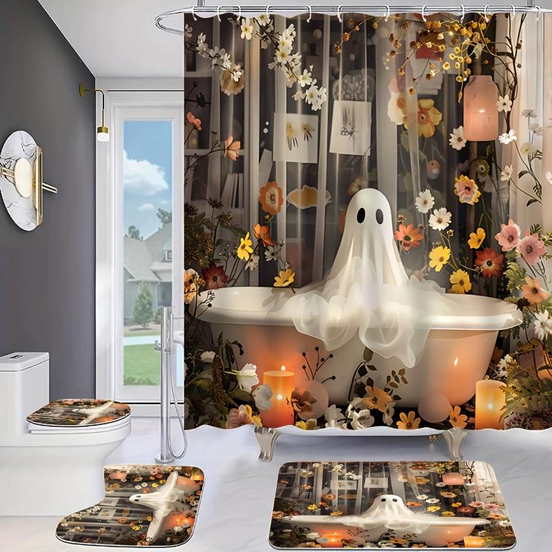 Hot 4Pcs Halloween Shower Curtain Set with 12 Hooks & Toilet Mat, Spooky Bat Ghost Print Waterproof Bathroom Decor for Housewarming
