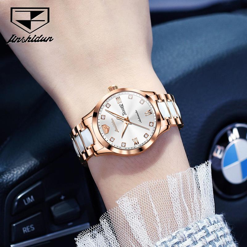 JINSHIDUN-merkeklokker Diamantbelagt romersk automatisk mekanisk klokke Vanntett dameklokke dameklokke