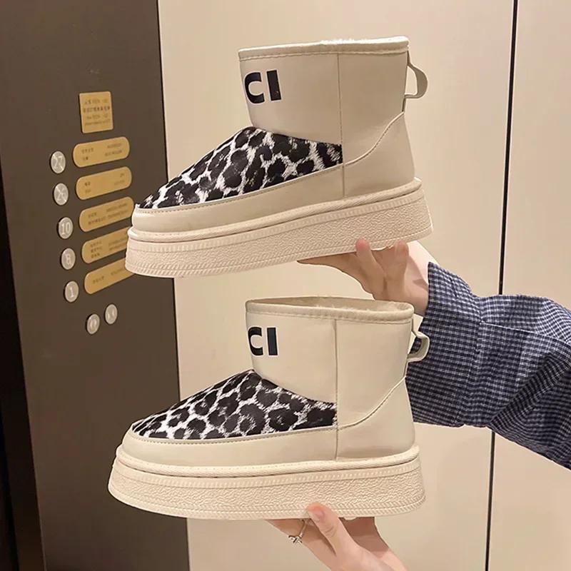 Fashion Leopard Women Fur Snow Boots Ankle Flats Platform Shoes 2025 Winter Short Plush Warm Women Boots Sport Shoes Botas Chelsea Mujer