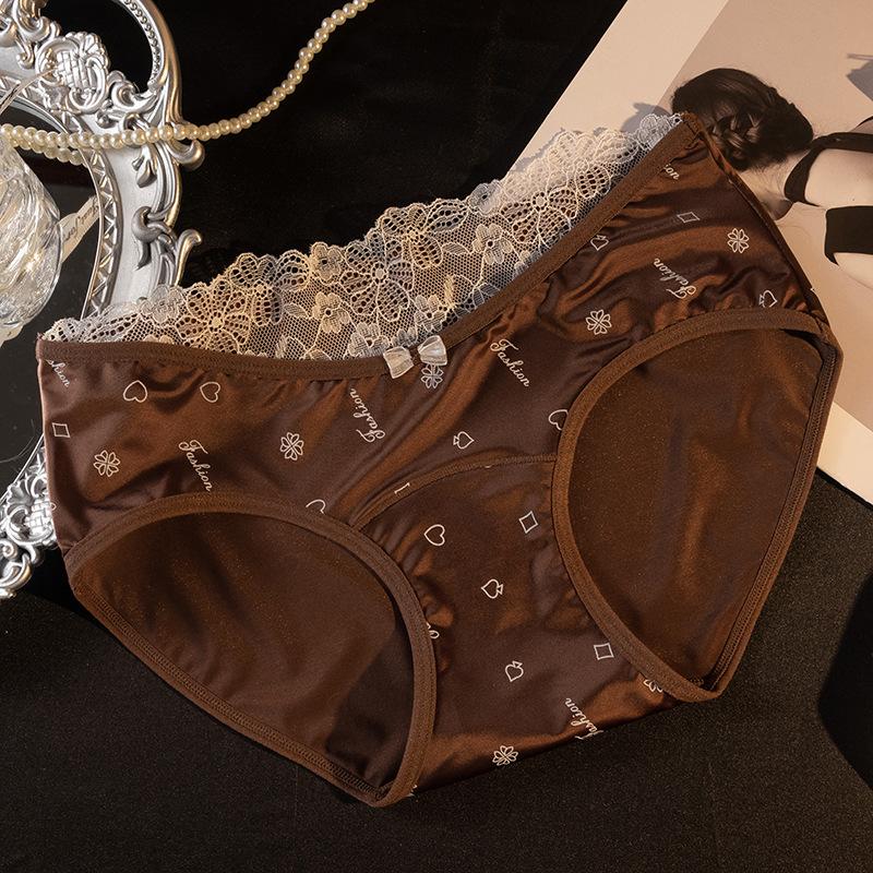 Ladies Spring and Summer New Sexy Lace Satin Ice Silk Without A Trace Wrapped Hip Cotton Crotch Waist Triangle Briefs