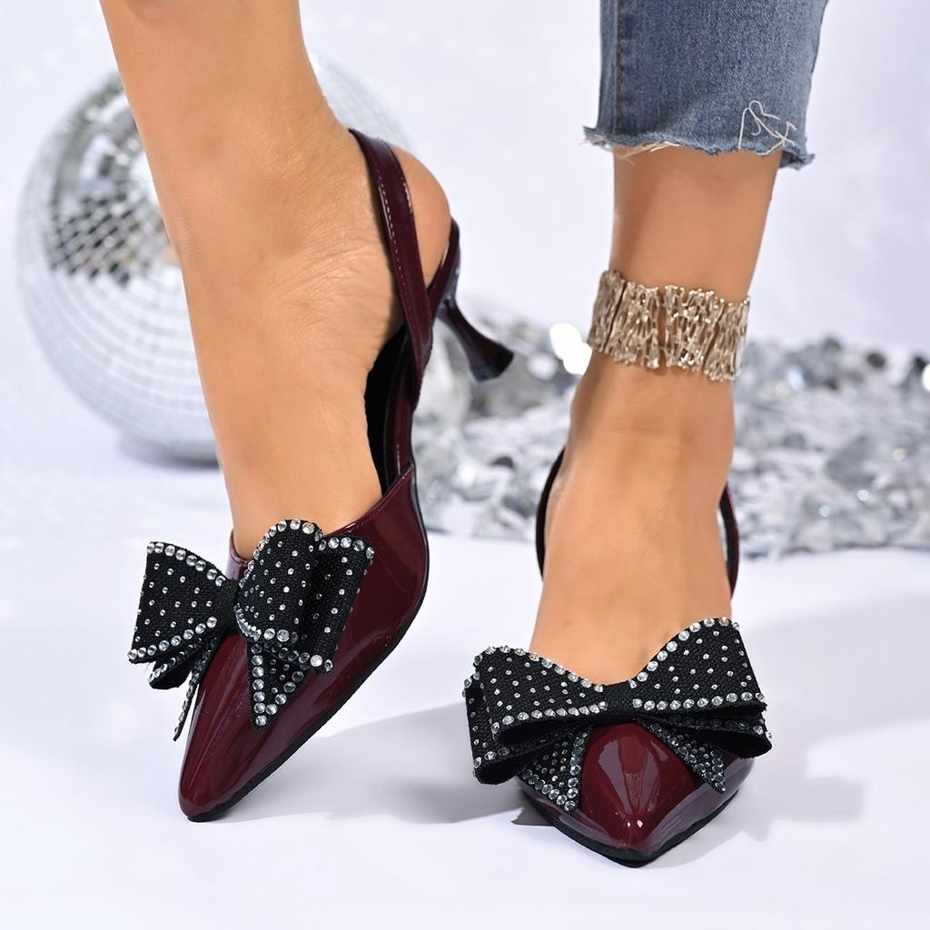 Large size pointed high-heeled sandals women's 2025 summer new fashion thin-heeled rhinestone bow bag head sandals
