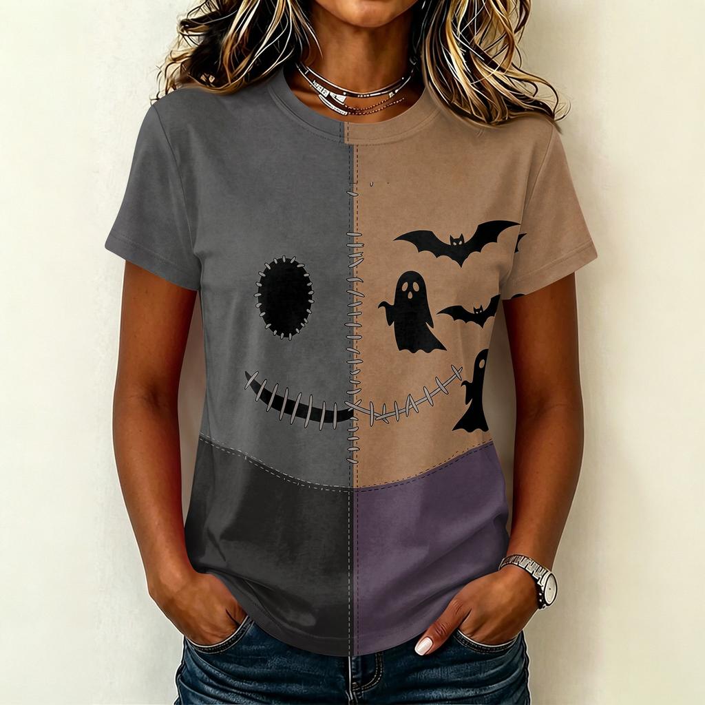 Women Casual Short Sleeve Pullover T Shirt Halloween Print Top Crew Neck Stitch Design Lightweight Soft Fabric Relaxed Fit