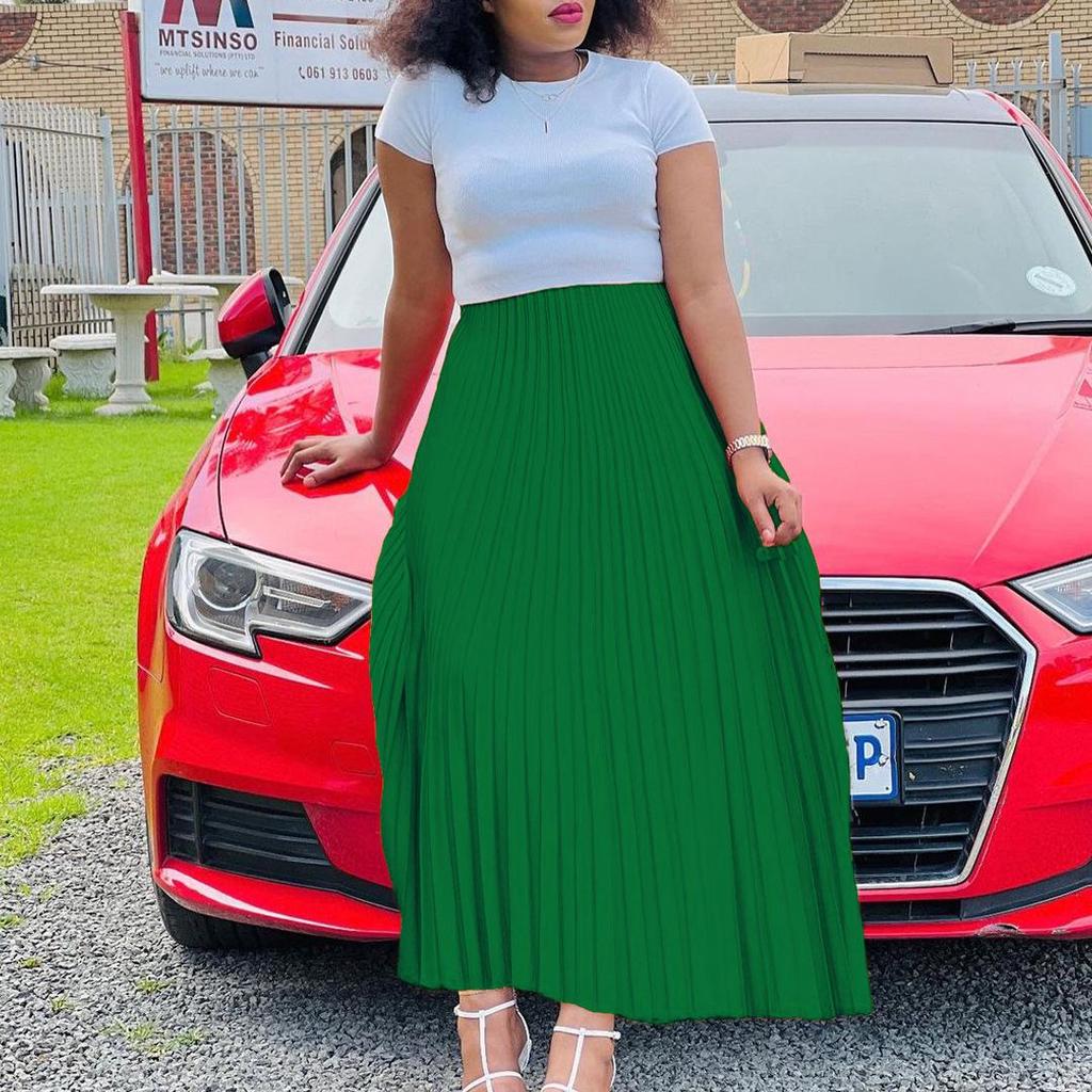 2022 Autumn Plus Size Women's Pleated Maxi Skirt – Solid Color, High Waist, European & American Style
