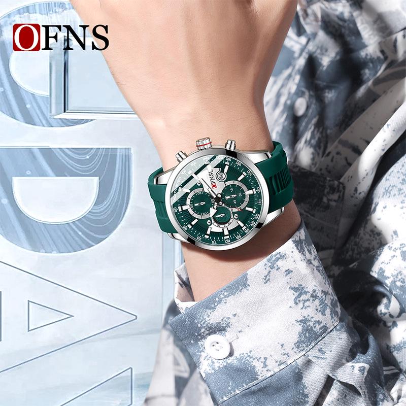 OFNS Business Men's Quartz Watch: Fashionable, Three Sub-Dials, Six Hands, Calendar, Waterproof.