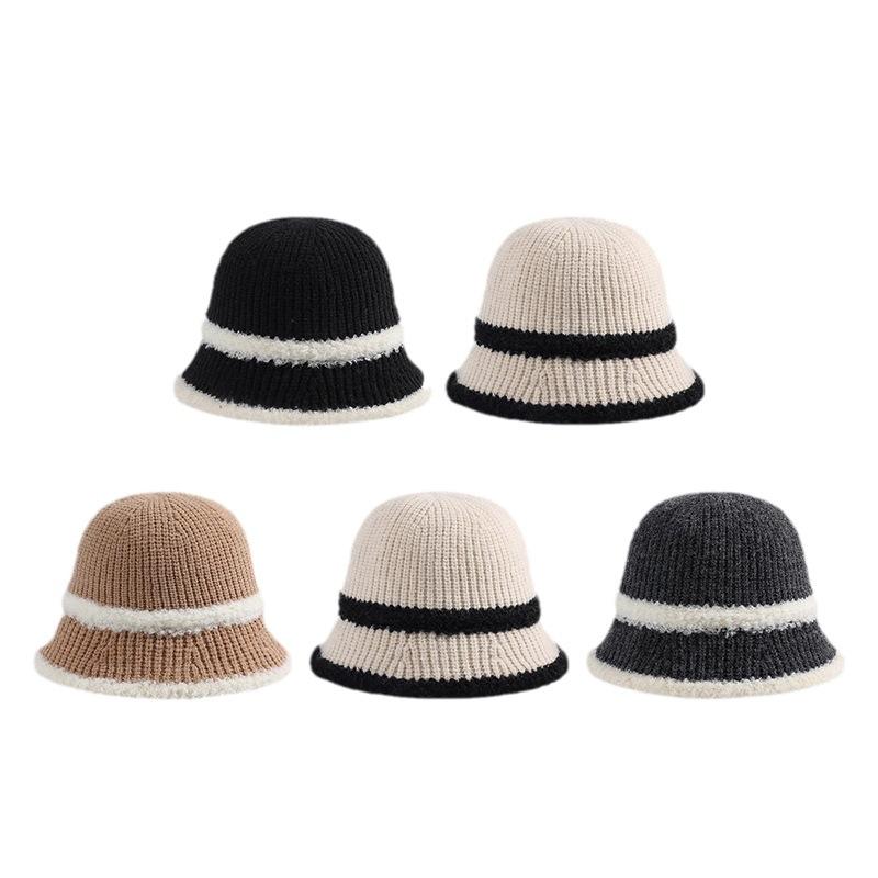 Spring and autumn warm shade plush color matching knitted bucket hat women