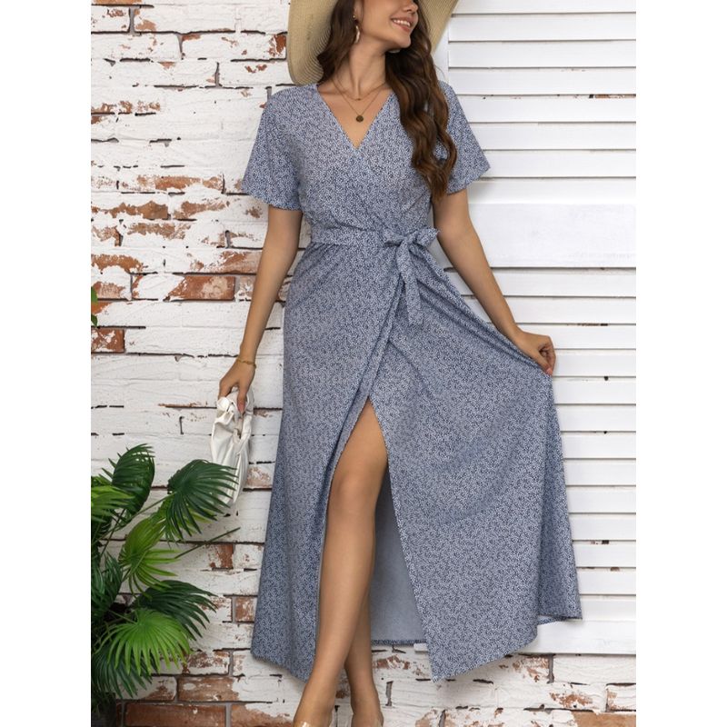 Cross-Border Fashion Summer New V Neck Small Floral Sexy Slit Short Sleeve Dress Sanya Seaside Beach Dress