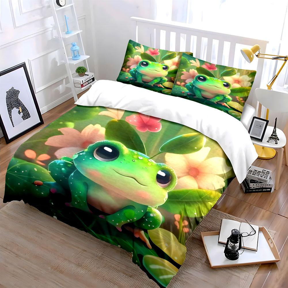 Entzückendes Frosch-Blumen-Blätter-Bettwäsche-Set Mit 3D-Druckdesign Weiches Polyester-Bettwäsche-Set Ganzjahreskomfort