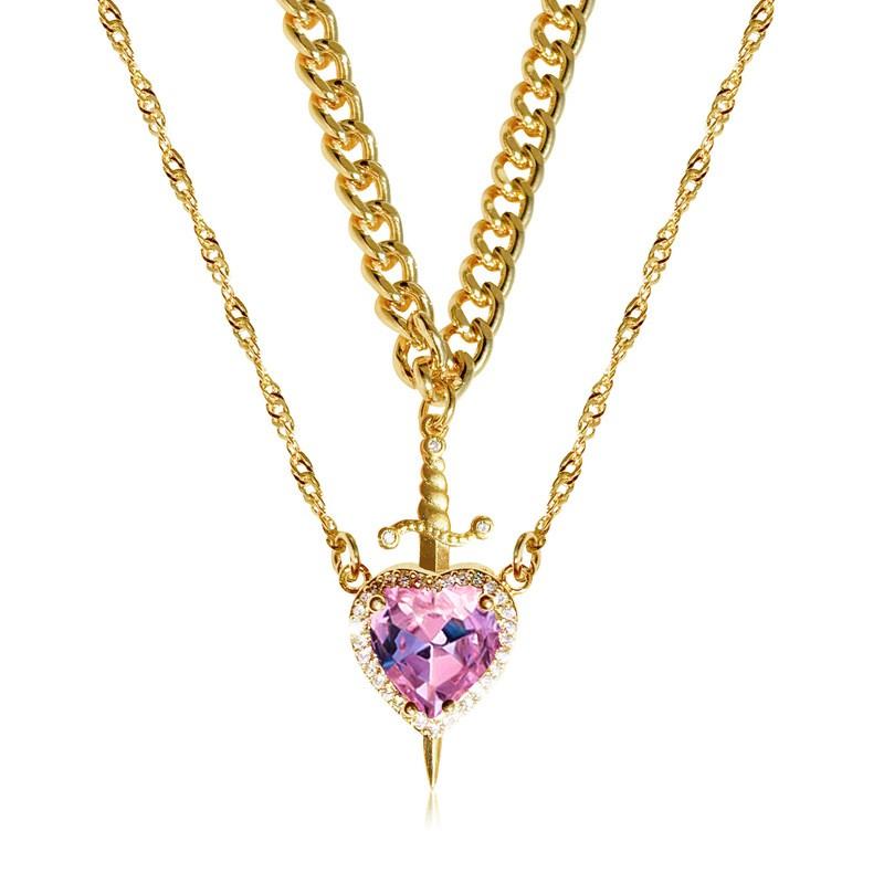 Layered Pendant Necklace Women With Pink Crystal Heart Dagger Charm Gold Or Plated Stainless Steel Chain