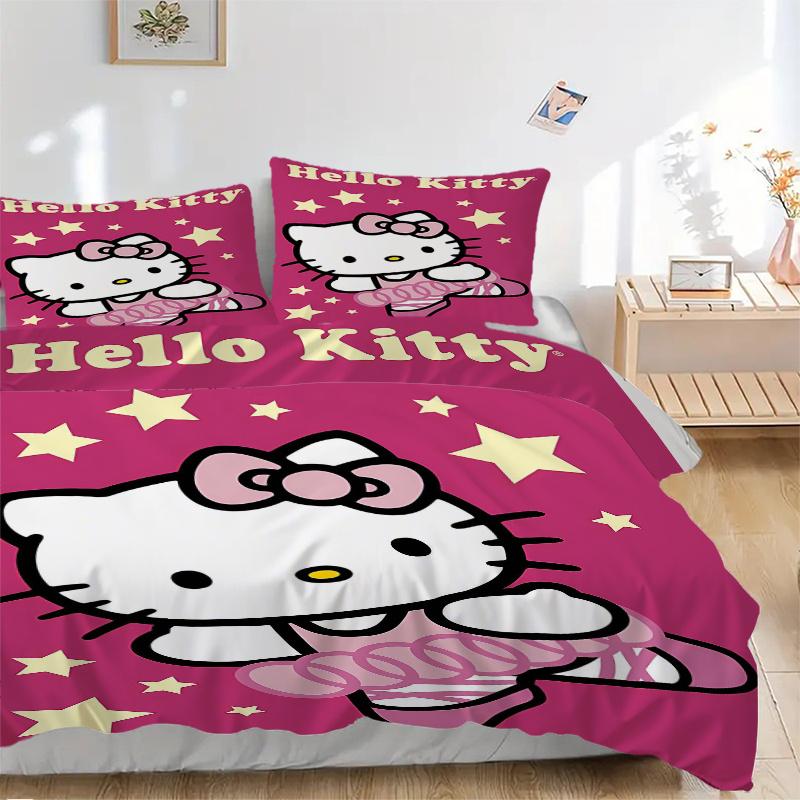 

3 шт. Милый комплект постельного белья Hello Kitty в танцующей позе со звездами, Мягкое и удобное пододеяльник для спальни, гостевой комнаты (Не включено).S036 135x200cm