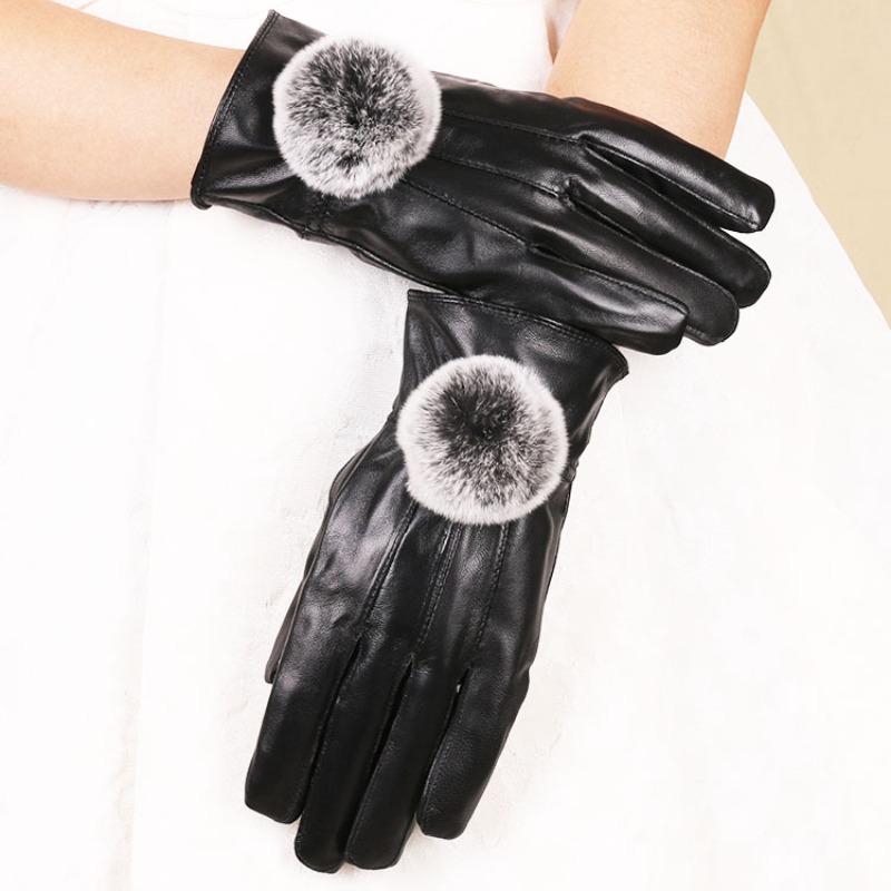 New Autumn and Winter Women's Sheepskin Gloves, Velvet Warm Leather Rex Rabbit Hairball Riding and Driving Leather Gloves
