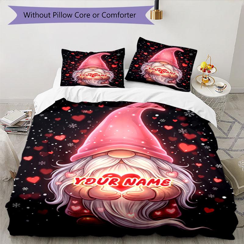 3PC Custom Name Love Gnome Art Bedding Set Duvet Cover Closure Includes 1 Duvet Cover & 2 Pillowcases for Bedroom