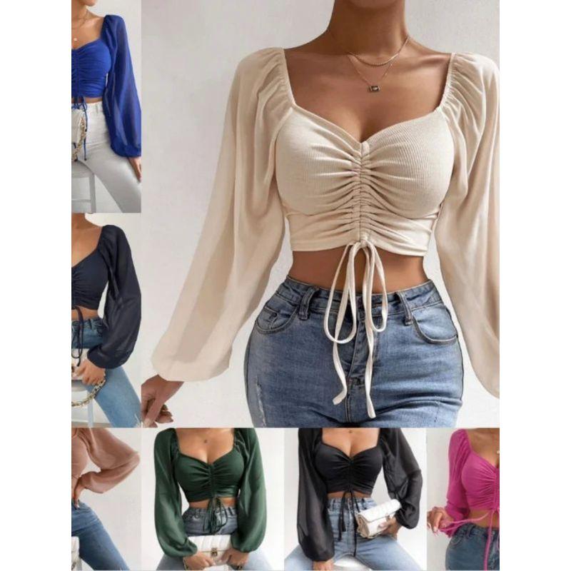 V-neck Drawstring Lantern Sleeve Top Low Cut V-neck Drawstring Bishop Sleeves Top